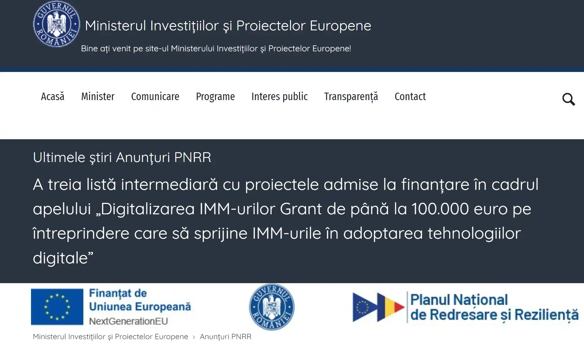 A treia listă intermediară cu proiectele admise PNRR